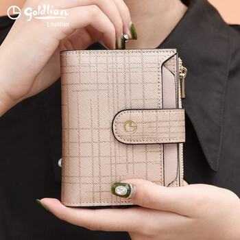 Goldlion wallet women's short 2025 new ticket clip fashion wallet tri-fold card holder small coin purse women's card holder wallet rose gold 15 card slots