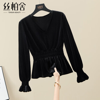 Sibaishe commuter v-neck long-sleeved bottoming shirt spring new women's fashion retro waist slimming top black l