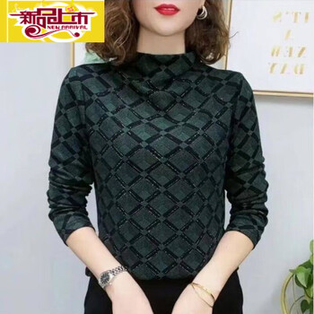 Early diameter high-end temperament plus velvet thickened plaid bottoming shirt for women in autumn and winter, slim and versatile long-sleeved warm top t-shirt, green, no velvet, xl, recommended around 85-110 catties