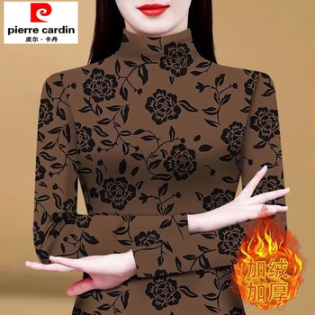 Chujing autumn and winter new style western printed half turtle collar plus velvet bottoming shirt women's middle-aged and elderly small shirt top slim fit 010 khaki 3xl 130-145 jin