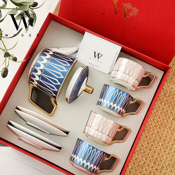 Wooch victoria 1 pot 4 cups and saucers gift box light luxury afternoon tea set new home gift wedding gift victoria 1 pot 4 cups and saucers - brilliant blue + red gift box