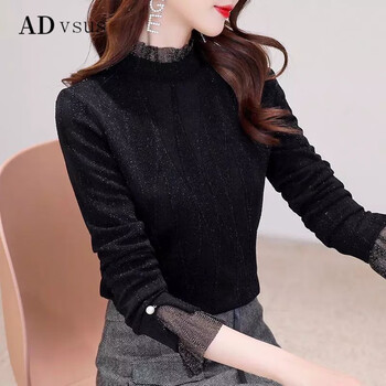 Advsus half-high collar lace bottoming shirt for women in autumn and winter, fashionable inner wear, new long-sleeved slim fit plus velvet top, black 9886 thin section l