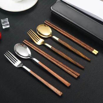 Muzhi portable tableware, chopsticks and spoon set, student and office worker cutlery box, portable chopsticks, spoon and fork three-piece set, silver spoon + chopsticks (with box + bag)
