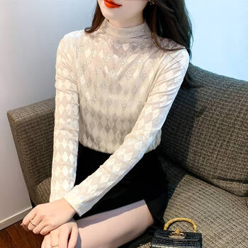 Chujing high-end brand half turtleneck plus velvet lace bottoming shirt for women new style versatile season long-sleeved top with autumn beige m recommended 95-105 pounds