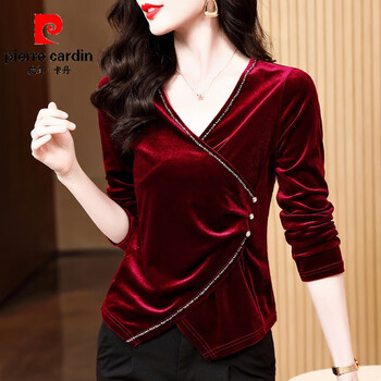 Pierre cardin cross v-neck gold velvet bottoming shirt for women, new autumn wear, temperament, slim long-sleeved t-shirt, western style irregular top, red m 85-100 pounds