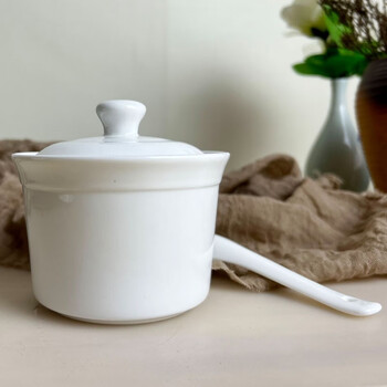 Lichen ceramic large and small stew pot bone china pure white steaming bowl high temperature resistant microwave practical 300 ml stew pot plus two spoons
