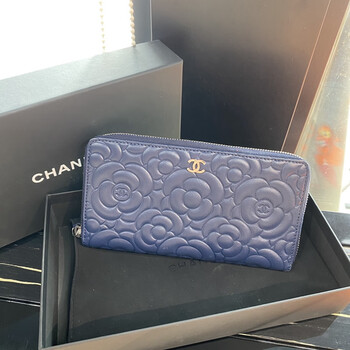 Second-hand 95 new chanel (chanel) blue sheepskin camellia long wallet full zipper 22 karat