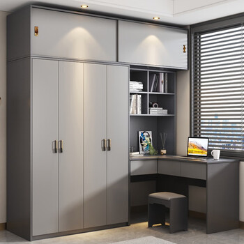 Baiai youzheng solid wood corner conjoined desk cabinet particle board small apartment l-shaped student desk home computer desk with integrated four-door wardrobe + right corner desk + top cabinet