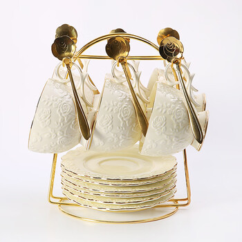 Gphf japanese high-end ceramic cup coffee cup and saucer set light luxury household coffee cup spoon european afternoon tea cup golden rose 6 cups 6 saucers 6 gold spoons + iron stand