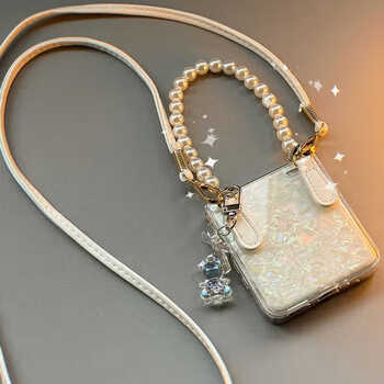 Senye is suitable for honor magic v flip2 mobile phone case, creative female new magic v flip folding screen protective cover, portable same style diagonal span ultra-thin folding case, laser pattern hard shell, leather buckle laser bear pearl hand chain * diagonal span long rope honor magic v flip