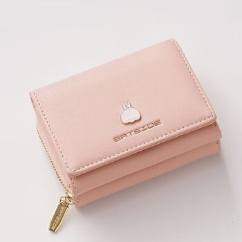 Simple rabbit wallet women's short three-fold coin purse card holder integrated side zipper coin holder multifunctional id bank card holder cartoon cute middle and high school student small wallet honey pink cute rabbit folding small wallet