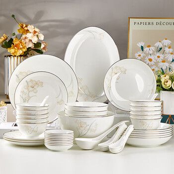 Jialan bone china bowls and dishes tableware set household nordic light luxury gold-rimmed bowls and chopsticks housewarming gift moving gift bowl and plate set phnom penh perfect encounter disc version 56 pieces