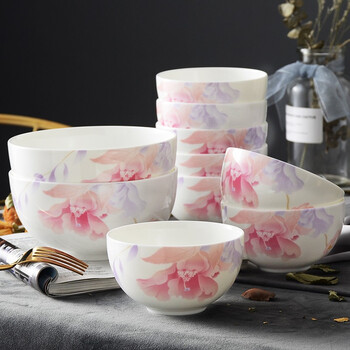 Huaguang bone china bowl set of ten pieces, underglaze color antibacterial tableware set, 6-inch noodle bowl, 4.5 rice bowl, 10 bowls, beautiful flowers and full moon