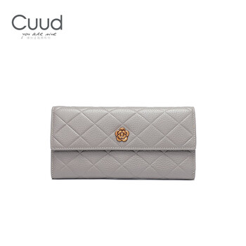 Cuud long women's wallet fashionable rhombus leather large capacity women's coin wallet bag birthday gift for girlfriend gray