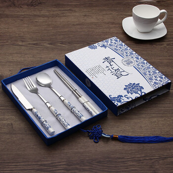 Blue and white porcelain tableware 2-piece set portable chopsticks, spoons, knife and fork four-piece set chopsticks and spoon set chopsticks and spoons western tableware stainless steel tableware knife, fork, spoon and chopsticks (four-piece set)
