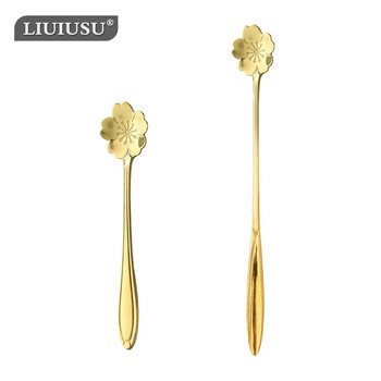 Liuiusu 2-pack stirring spoon japanese-style metal spoon stainless steel extended spoon coffee spoon creative flower dessert spoon cherry blossom size 2-pack - titanium gold