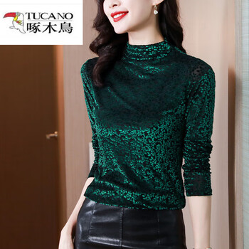 Woodpecker (tucano) autumn and winter noble gold velvet top new high-end half-tall collar bottoming shirt pile collar women's western style warm shirt green (no velvet) l