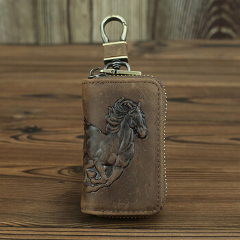 Light luxury brand fashion retro zodiac horse key bag first layer cowhide car personalized genuine leather horse to success gift crazy horse brown