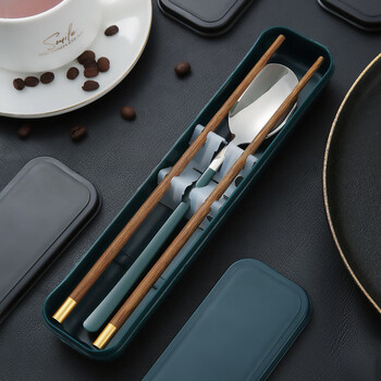 Simple century chopsticks and spoon set one person, one chopstick, portable tableware, student storage box, fork, single wooden chopsticks, three-piece set, 3-piece set including fixed buckle, dark green spoon + jinfu chicken wings, 1 pair