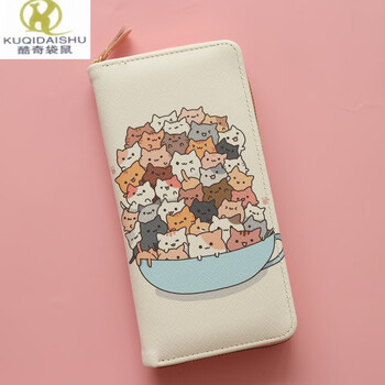 Kuqi kangaroo wallet women's long zipper large capacity large cash slot mobile phone storage bag student cute children's card holder clutch long wallet, big bowl cat