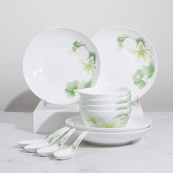 Huaguang national porcelain bone china tableware set lead-free cadmium healthy glaze color bowls and plates gift box set qingqiu yayun 4 people qingqiu yayun 4 bowls 4 plates 4 spoons