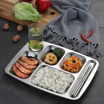Maxcook 304 stainless steel dinner plate with compartments, fast food plate, student lunch box, five or six compartments, large thickened six compartment dinner plate mcft786