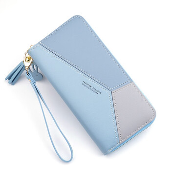 Woodpecker (tucano) women's hand wallet women's long three-color stitching contrasting color temperament simple zipper mobile phone bag student wallet wallet blue