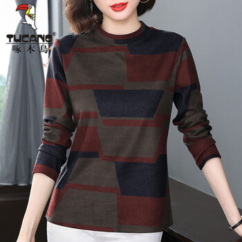 Woodpecker de velvet bottoming shirt women's 2024 autumn and winter new style western mom long sleeve t-shirt large size half turtle neck t-shirt red brown spring and autumn style l (recommended 105-120 catties)