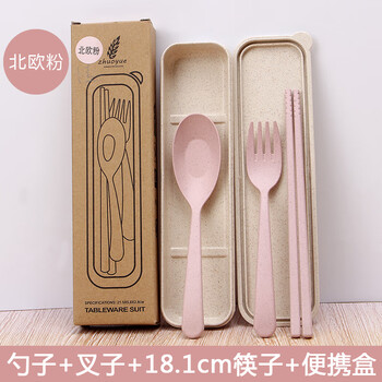 Qiaoju qiaowu portable tableware wheat straw spoon chopsticks fork tableware set student travel portable tableware three-piece set wheat tableware three-piece set nordic powder