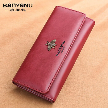 Banyanu wallet women's long 2025 new korean style cowhide multi-card slot functional wallet fashion retro women's clutch burgundy-anti-theft brush