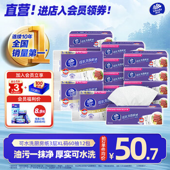 Vinda kitchen paper washable kitchen tissue 60 packs 4/8/12 packs oil-absorbing and decontamination tissue lazy replacement rag 3 layers 60 packs*12 packs