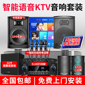 Qisheng family ktv audio combination set theater karaoke machine professional karaoke speaker singing complete equipment home stage conference living room tv karaoke all-in-one jukebox 12-inch analog 5.1 set + vertical karaoke machine + four microphones + 12-inch cannon