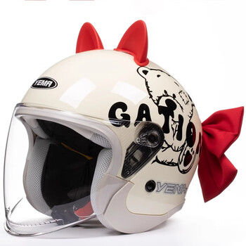 Mustang electric motorcycle helmet for women, universal for all seasons, winter warm three-quarter half helmet, national standard 3c certified safety helmet, khaki patch, bear red ears, transparent-red knot, one size fits all (54-59cm)