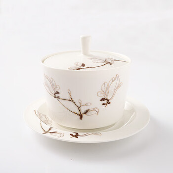 Lifeeyes ceramic stew pot with lid, water-proof stew pot liner, new chinese style hotel small soup cup, steaming bowl, bird's nest steamed egg cup, dessert, magnolia angel style 360ml + plate