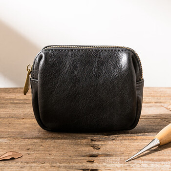 Kt retro handmade genuine leather coin purse cowhide simple women's key bag multifunctional vegetable tanned leather wallet men's clutch black first layer cowhide
