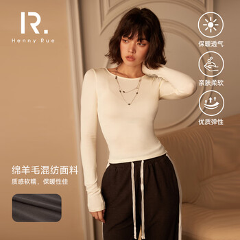 Henny rue bottoming shirt women's wool round neck long sleeve slim fit autumn and winter warm basics inside top cheese white one size (90-130 jin)