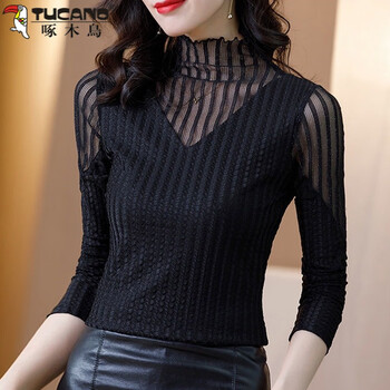 Woodpecker (tucano) autumn and winter slim long sleeve outerwear western style bottoming shirt half turtle collar bright silk mesh splicing lace shirt women's underwear top black l weighs about 105 pounds