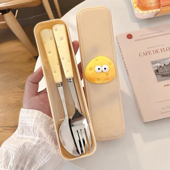 Tong nian's cute ins cheese spoon fork chopsticks three-piece student tableware children's portable tableware storage box set cheese upgraded version tableware set in activity spoon + fork gift box