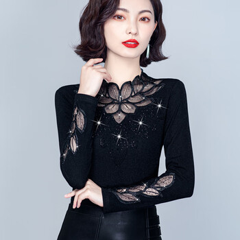 Orchid bottoming shirt women's long-sleeved 2025 autumn and winter new fashion mesh rhinestones plus velvet thickened inner lace shirt bottoming shirt black regular 4xl