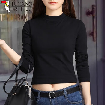 Woodpecker bottoming shirt for women spring and autumn short cotton inner high waist tight crop top half turtleneck long sleeves black l