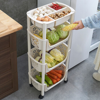 Wangjiaxing storage rack kitchen bathroom living room bedroom floor-standing fruit and vegetable storage basket multi-layer vegetable basket vegetable shelf storage rack three-layer beige medium + vegetable box