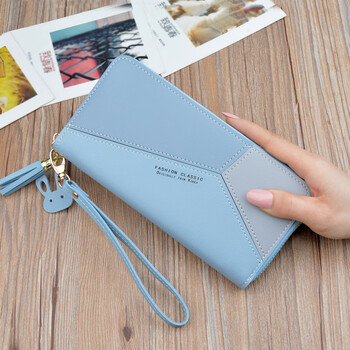 Simple cloth women's hand wallet long three-color splicing temperament fashionable zipper multi-functional mobile phone bag student wallet wallet blue
