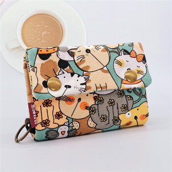 Simple cloth (bu jian dan) canvas short wallet for women, cute multi-functional three-fold zipper coin purse, simple retro fabric card holder, key bag, small cat green-wallet