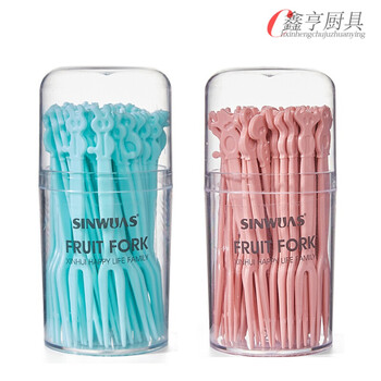 Changyin fruit fork set fruit pick disposable plastic two-tine household fruit cake sweet fork dessert small fork blue + pink two boxes