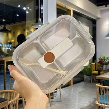 He jiagong korean student stainless steel insulated lunch box 304 compartment lunch box anti-scalding and leakage office canteen three compartments/blue 1000ml lunch box + sticker