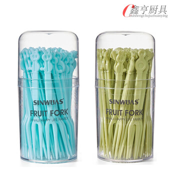 Changyin fruit fork set fruit pick disposable plastic two-tine household fruit cake sweet fork dessert small fork blue + green two boxes