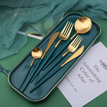 Half things life 304 stainless steel knife, fork and spoon western cutlery steak knife and fork set dark green internet celebrity tableware fork spoon malachite green portuguese portable tableware medium fork
