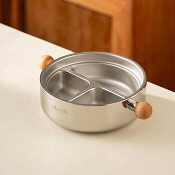 Onlycook children's dinner plate 316l stainless steel compartmented rice plate food-grade double-layer anti-scald dish baby tableware three-compartment dinner plate double-beech handle