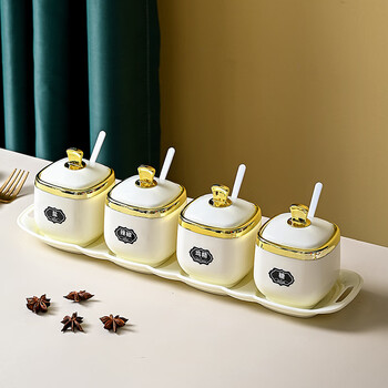 Junxiao seasoning box light luxury kitchen salt sugar msg seasoning box multi-grid storage household oil and vinegar sauce seasoning bottle combination seasoning box cream white four plus chassis