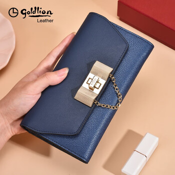 Goldlion wallet women's leather long ladies clutch fashion casual korean style large capacity clutch blue